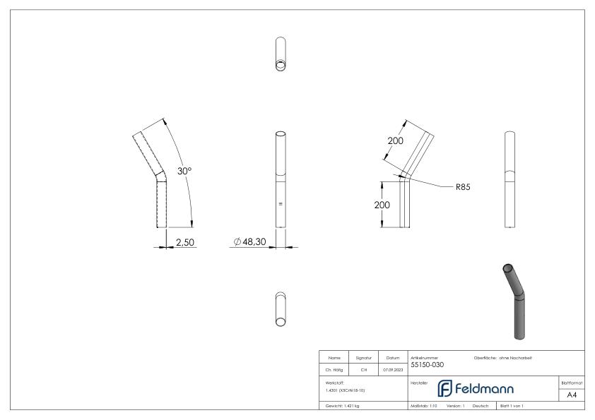 Rohrbogen 30°, aus Rohr 48,3x2,5mm, V2A