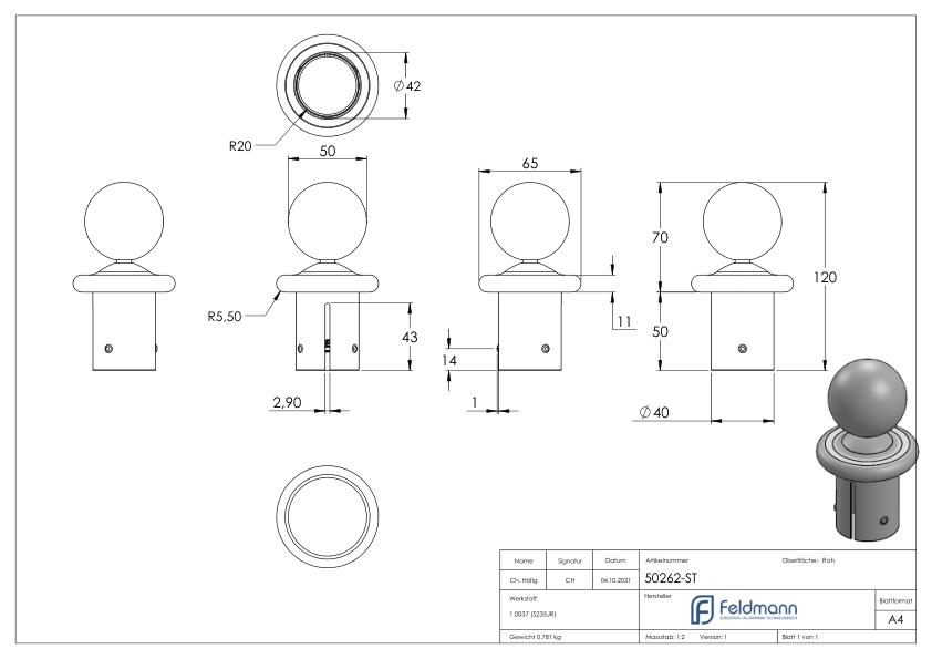 Kugelrohrknopf Eisen für 48,3mm