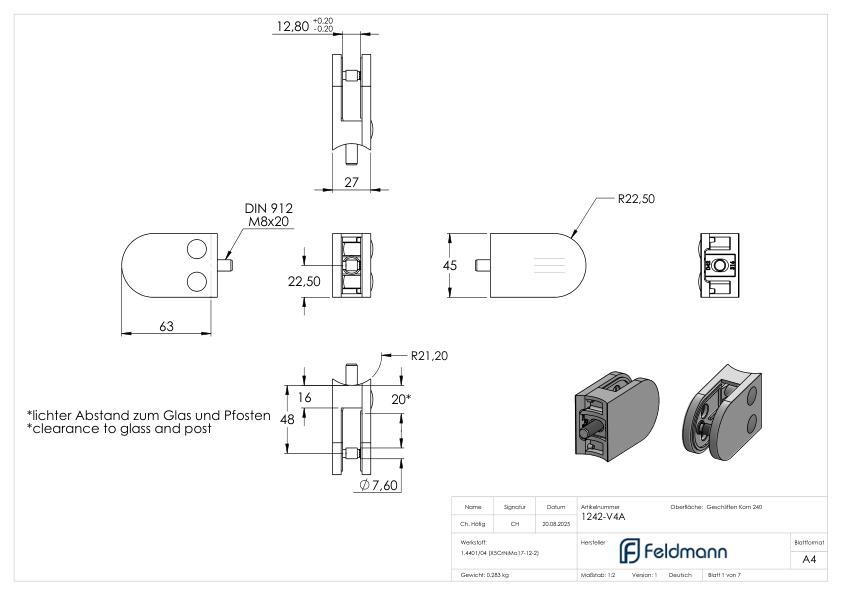 Glasklemme Mod. 12, Anschluss: 42,4mm, V4A Glasklemme Mod. 12, Anschluss: 42,4mm, V4A