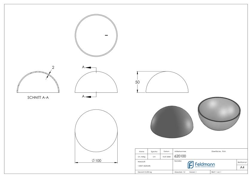 Halbhohlkugel Ø 100 x 2 - 2,5mm