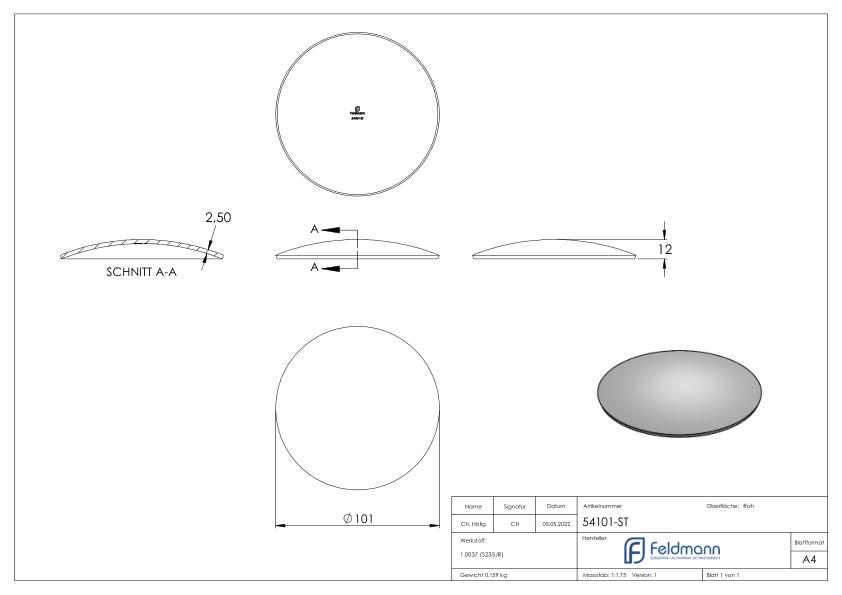 Halbrundschale 101x2,5mm, H: 12mm
