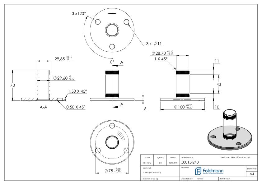Wand- und Bodenanker mit Rändelung, für Rohr 33,7x2,0mm, V2A