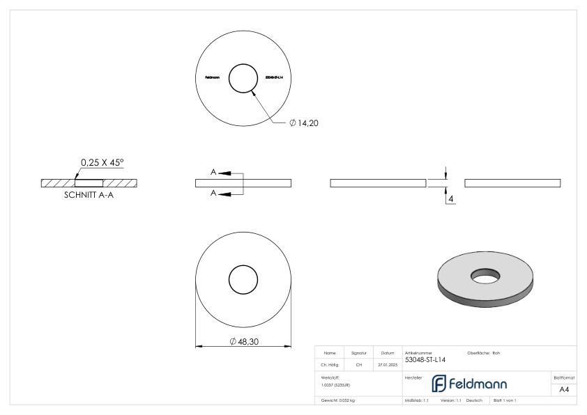 Ronde 48,3x4mm mit Ø 14,2mm Bohrung