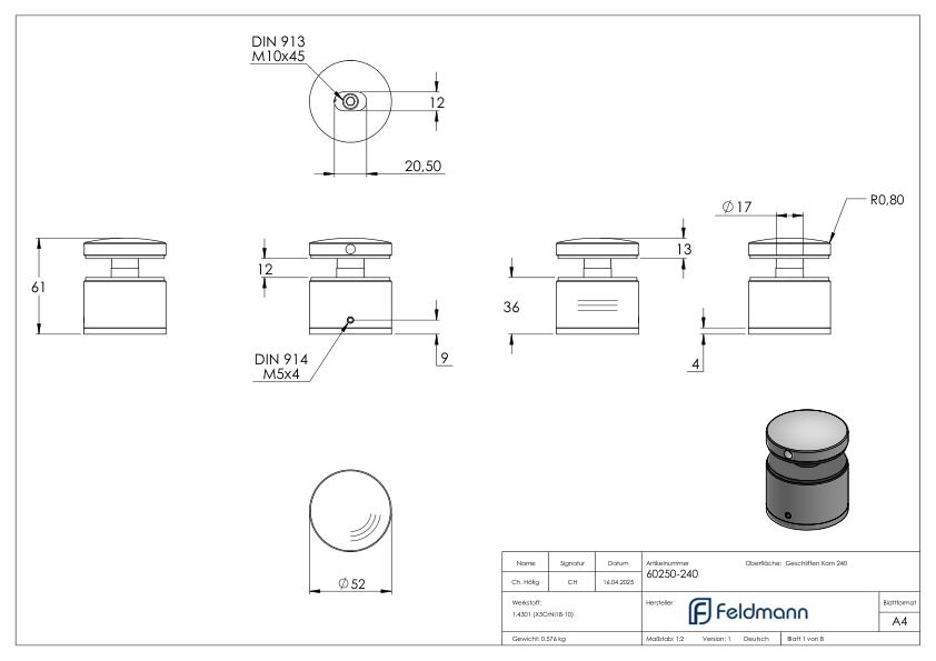 Glaspunkthalter 52mm, flach, verstellbar, V2A
