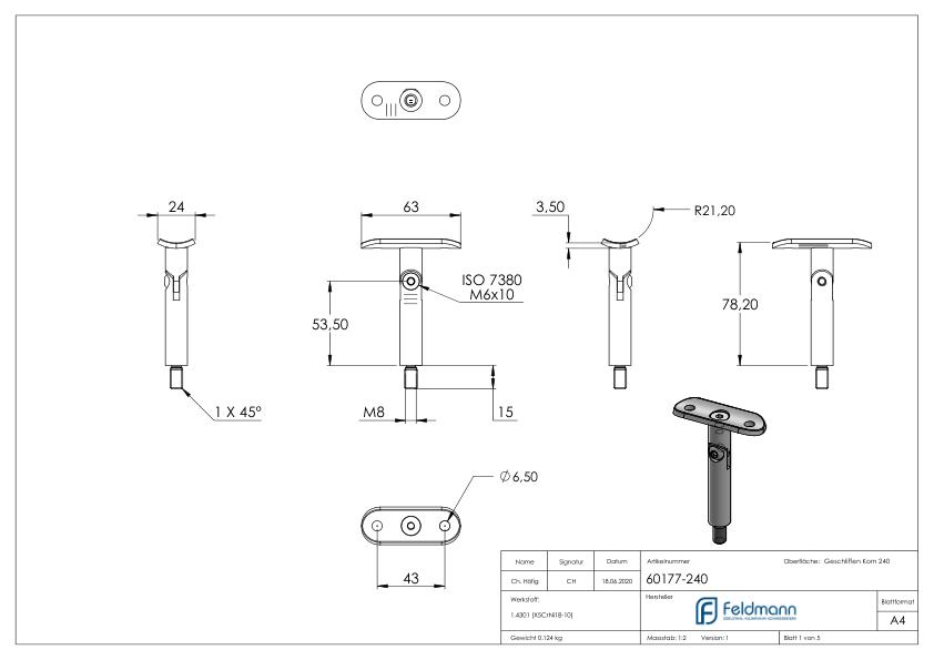 Gelenkstift mit Handlaufanschlussplatte 42,4mm, V2A