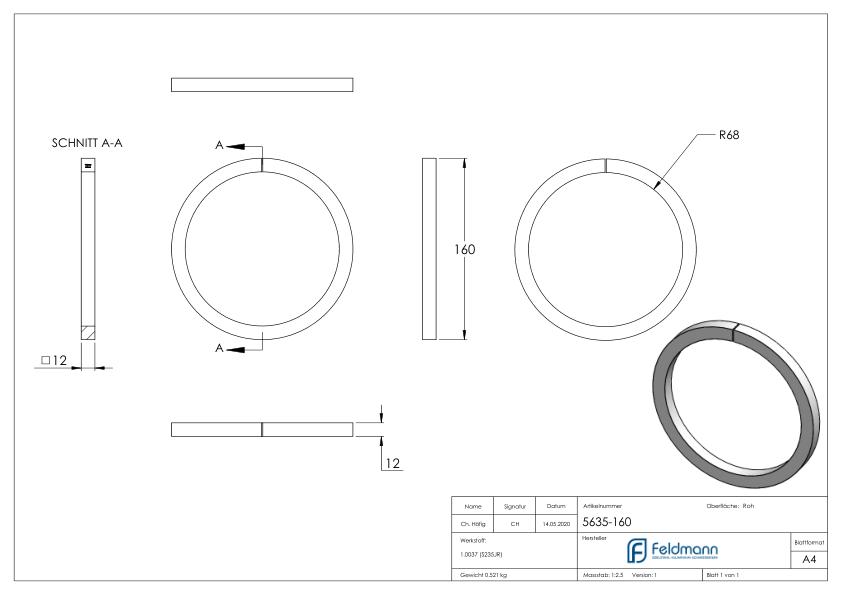 Ring 12x12mm, AußenØ 160mm