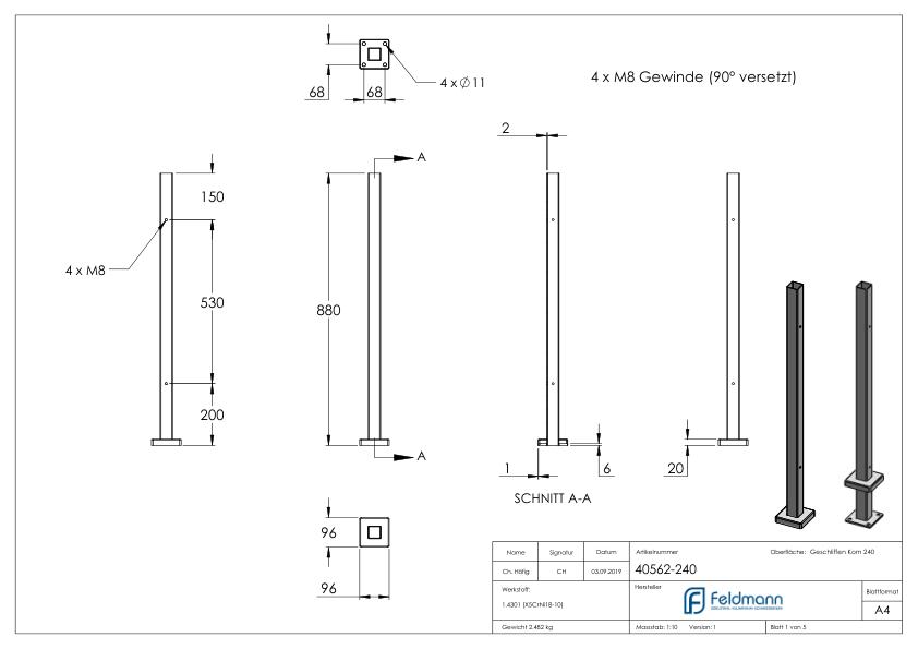 Edelstahlpfosten V2A zur Bodenmontage, H: 880mm