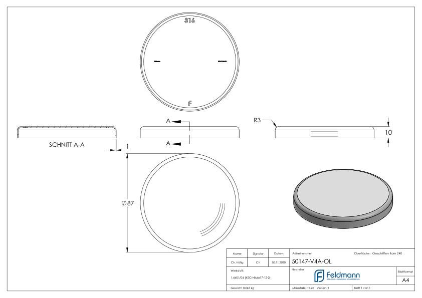 Abdeckrosette, 87x10mm, ohne Bohrung, V4A
