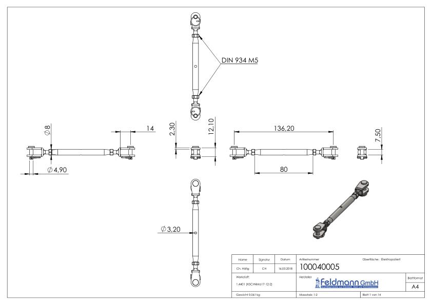 Wantenspanner Gabel/Gabel mit Gewinde M5, V4A