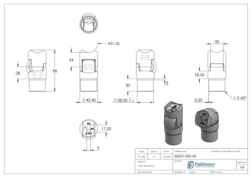 Gelenkstück, für Rohr 42,4x2,0mm, V2A