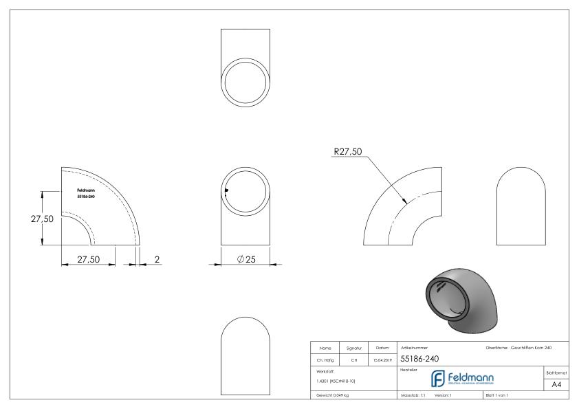 Schweißbogen 90°, 25,0x2,0mm, V2A