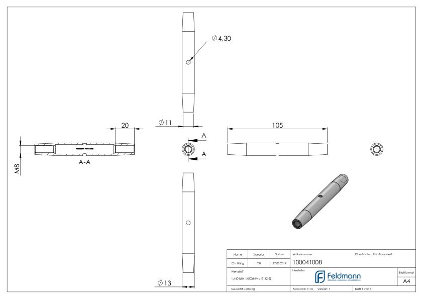 Wantenspanner mit Links- und Rechtsgewinde M8, V4A