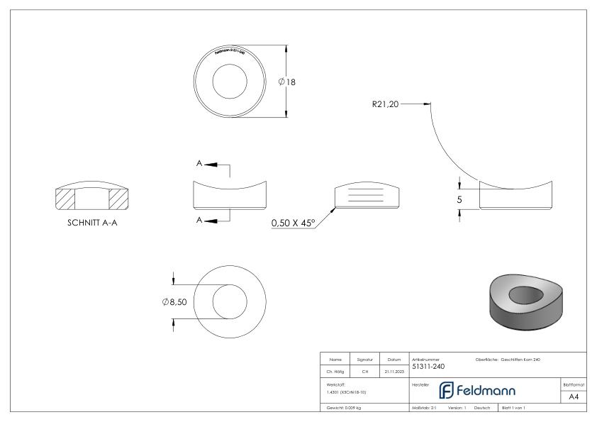 Ausgleichsstück (ohne Senkung) für Rohr 42,4mm, Ø 18mm, V2A