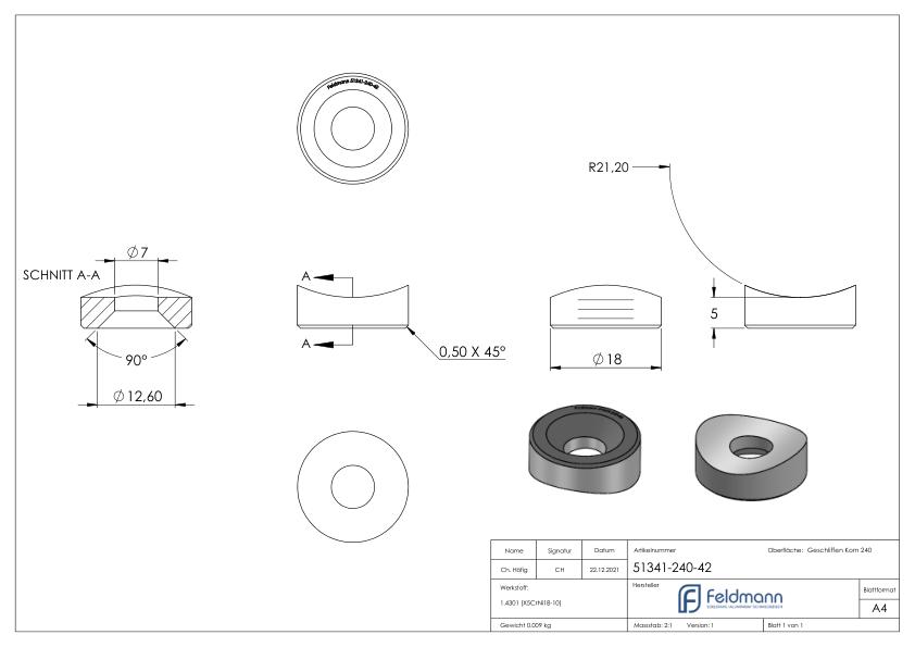 Ausgleichsstück für Rohr 42,4mm, Ø 18mm, mit gesenkter Bohrung 7mm, V2A
