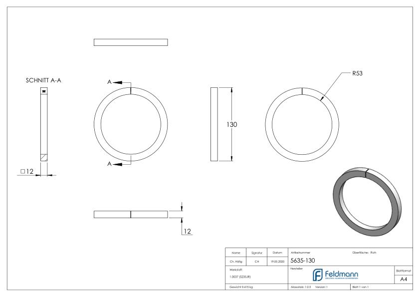 Ring 12x12mm, AußenØ 130mm