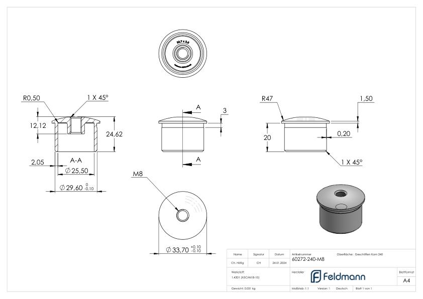Rohrabschlussstopfen zum Kleben mit M8 für 33,7x2,0mm, V2A