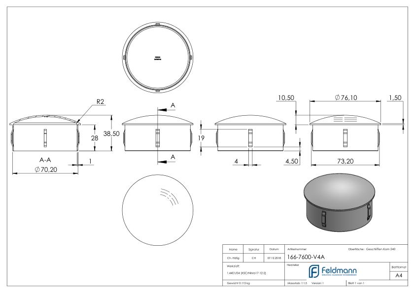 Rohrabschlussstopfen, für Rohr 76,1x2,0 - 2,5mm, V4A