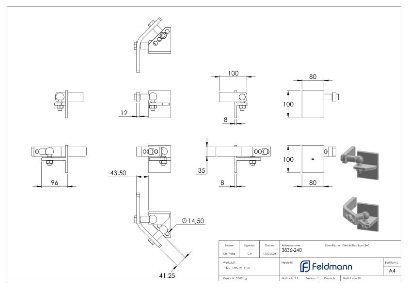 Hebetorbeschlag für Metallpfosten, Edelstahl V2A