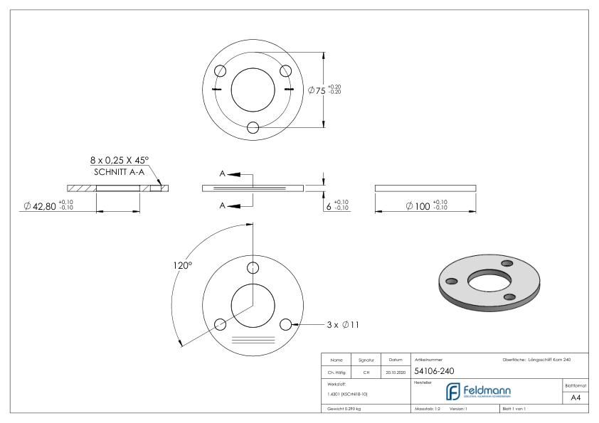 Ankerplatte Ø 100x6mm, mit Längsschliff, V2A