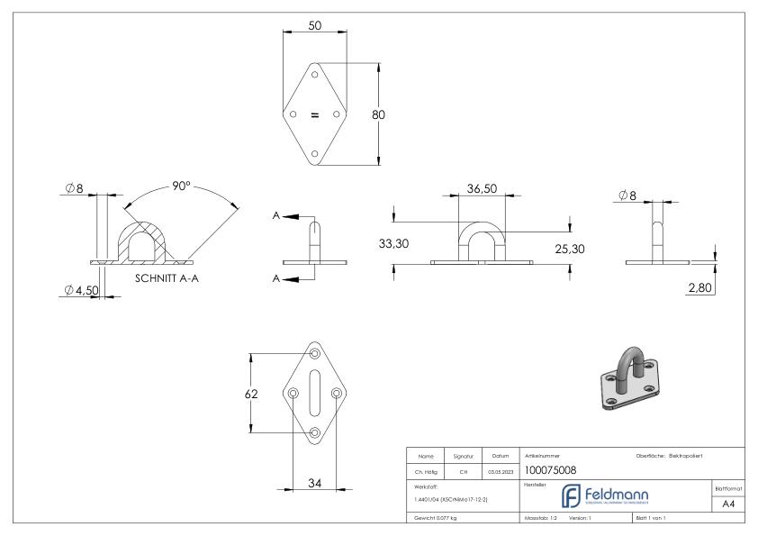 Befestigungsöse mit quadr. Platte V4A