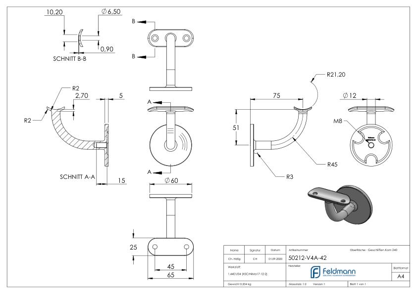 Handlaufhalter mit Handlaufanschlussplatte 42,4mm, (Ronde und Bügel verschweißt), V4A