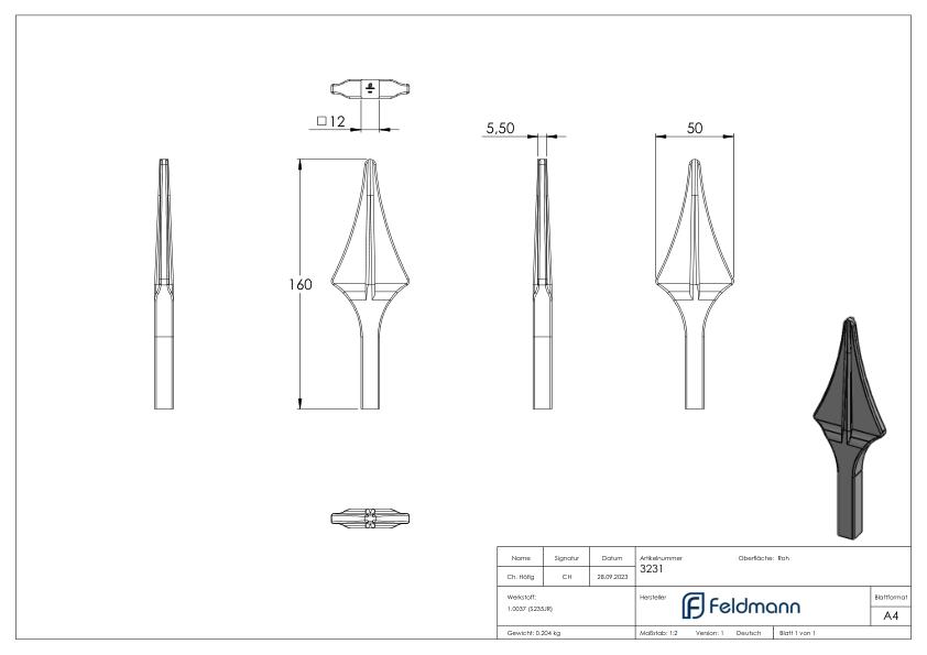 Zaunspitze mit Ansatz 12x12mm, HxB: 180x60mm