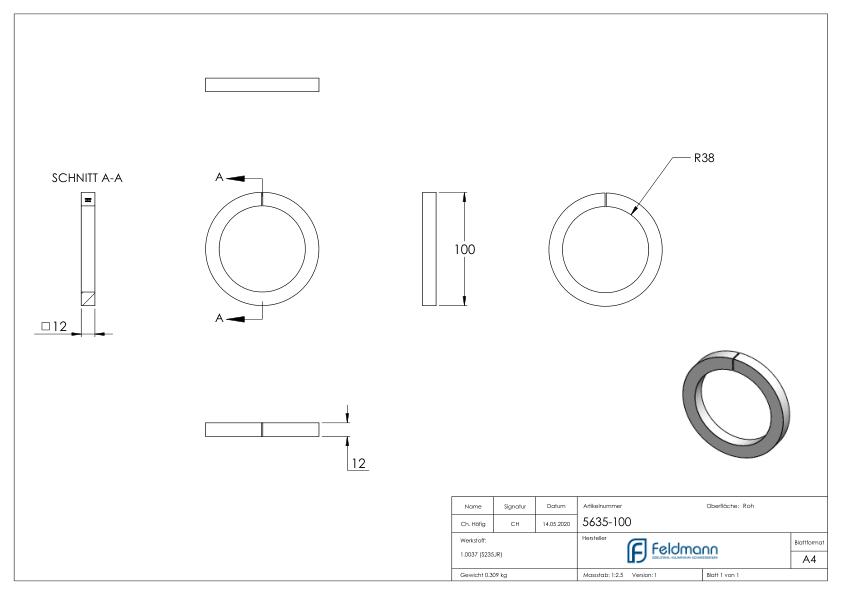 Ring 12x12mm, AußenØ 100mm