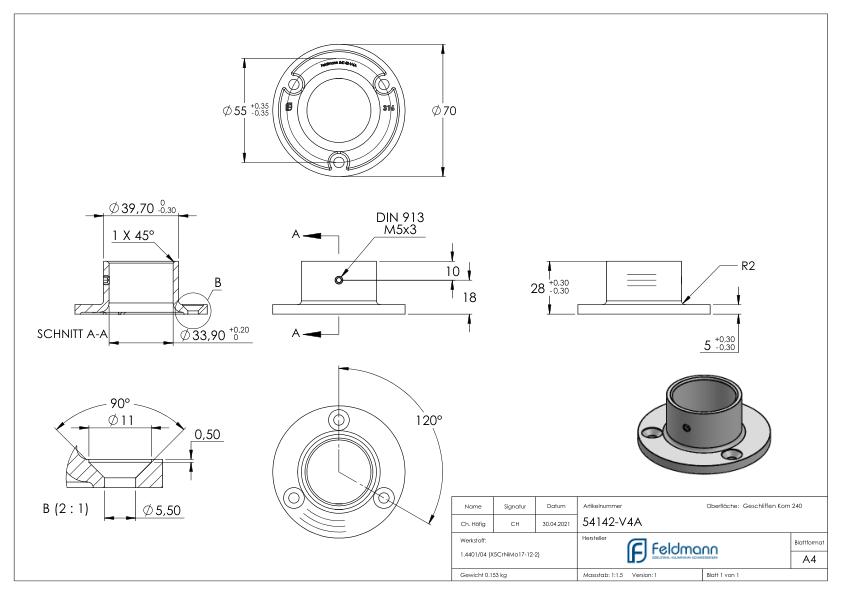 Wand- und Bodenanker, für Rohr 33,7mm, V4A