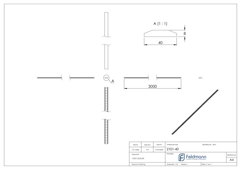 Flacheisen 40x8mm, gewellt und Kanten gehämmert, L: 3000mm