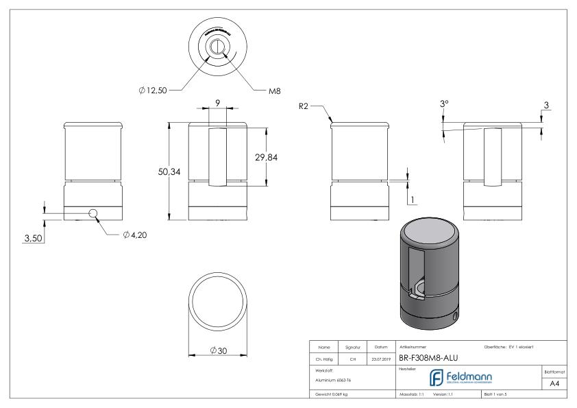 Brenk Grundhalter für Flachstäbe 30x8mm, ALU