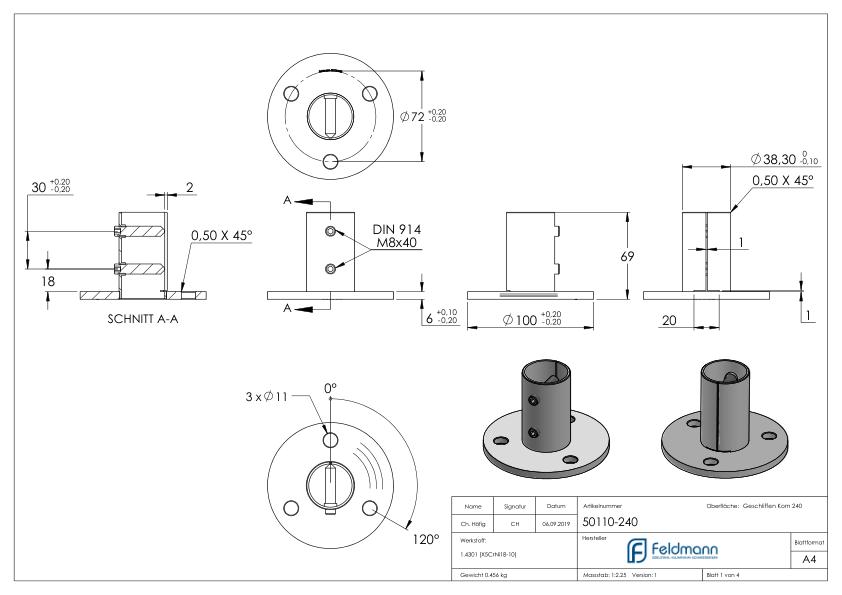 Wand- und Bodenanker, für Rohr 42,4x2,0mm, V2A