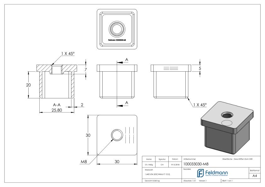 Einsteckkappe, für Rohr 30x30x2,0mm, V4A