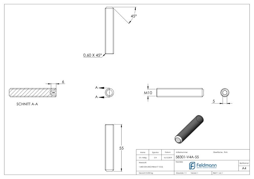 Gewindestift M10x55, V4A, DIN 913 / ISO 4026