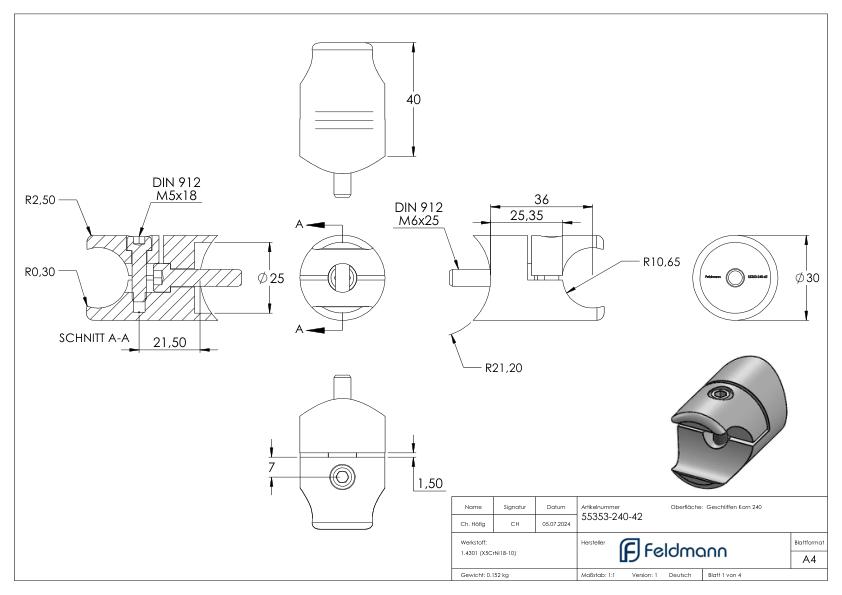 Halter für rundes Klemmprofil 21,3mm Anschluss: 42,4mm, V2A