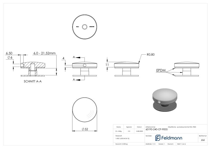 Oberteil für 52mm Glaspunkthalter, V2A, pulverbeschichtet in RAL 9005 schwarz matt