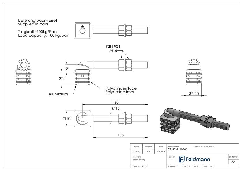 Torband M16 mit Länge 160mm für Rohr 40 x 40mm mit Aluminium-Kappen