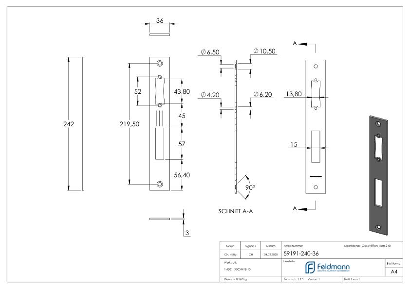 Edelstahlschließblech 242x36x3,0mm, für Abstand 92mm, V2A (1.4301)