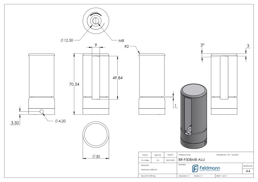 Brenk Grundhalter für Flachstäbe 50x8mm, ALU