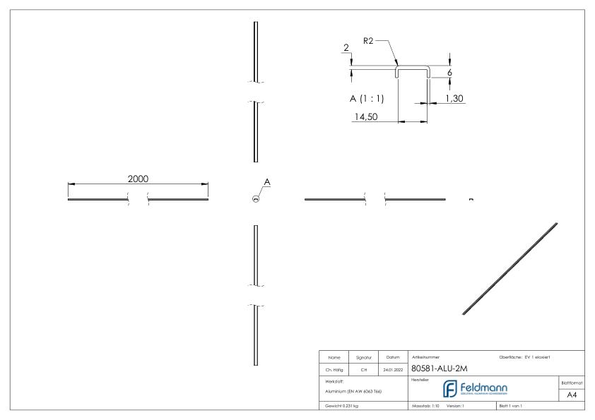 Kantenschutz EXTRA SLIM, für Glas 12,00 - 13,52mm, L: 2000mm, Aluminium E4/EV1