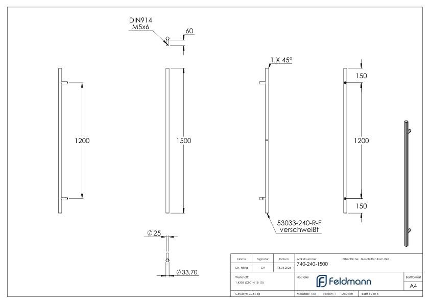 Stoßgriff inkl. Halter gerade mit L: 1500mm, V2A