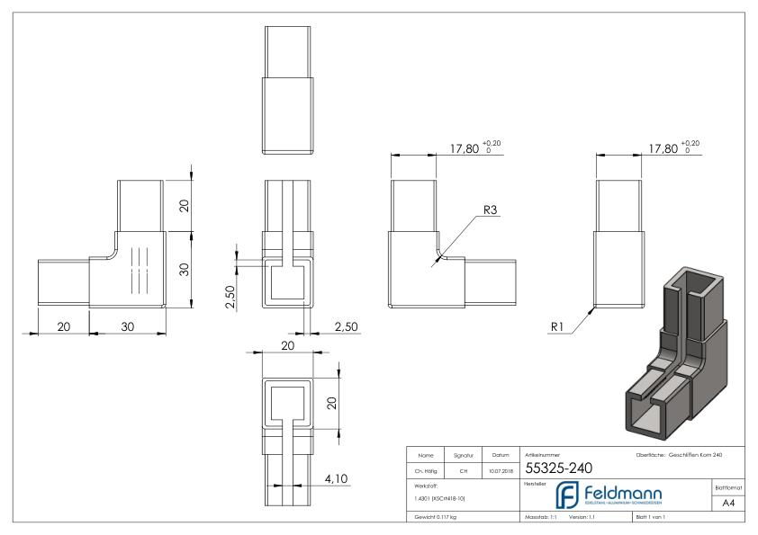 Eckverbinder für quadratisches Klemmprofil 20x20x1,25 mm, V2A