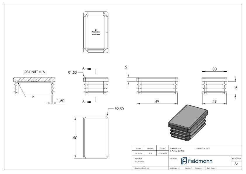 Kunststoffkappe für Rechteckrohr 50x30mm