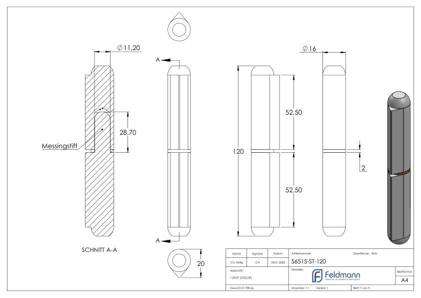 Anschweißband mit Messingring und -stift, Länge: 120mm