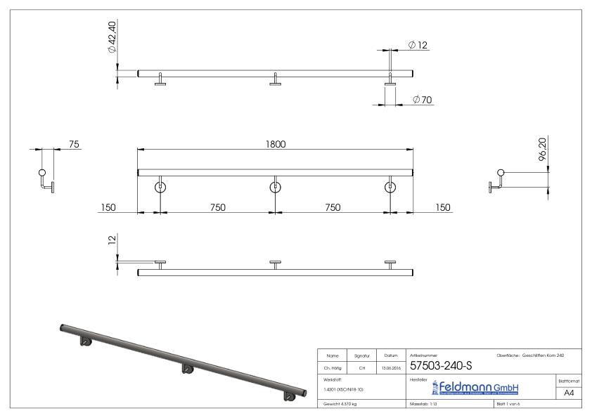 Handlauf, montagefertig, L: 1,8m, V2A