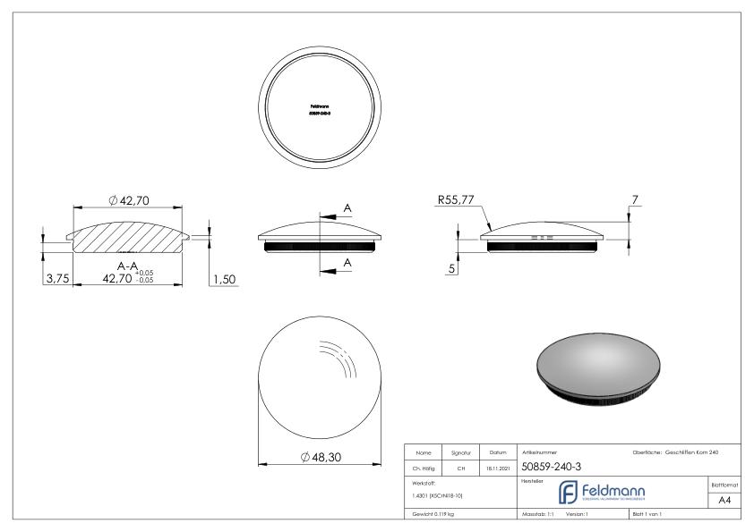 Rohrabschlussstopfen, für Rohr 48,3x3,0mm, V2A