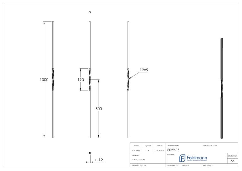 Zierstab 12x12mm, glatt, H: 1000mm