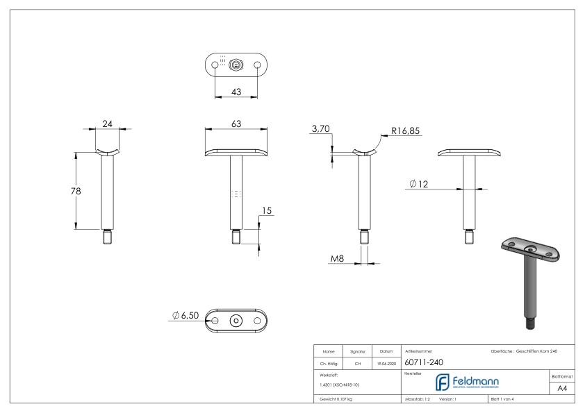 Stift Ø 12mm mit Handlaufanschlussplatte 33,7mm, V2A