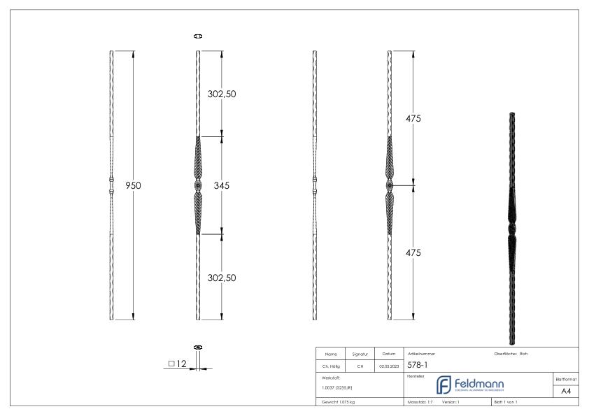 Zierstab 12x12mm, geschmiedet, H: 950mm