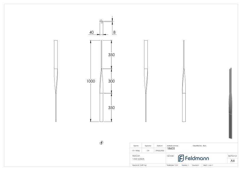 Zaunfeldstab 90° aus Flacheisen 40 x 8mm, Länge 1000mm