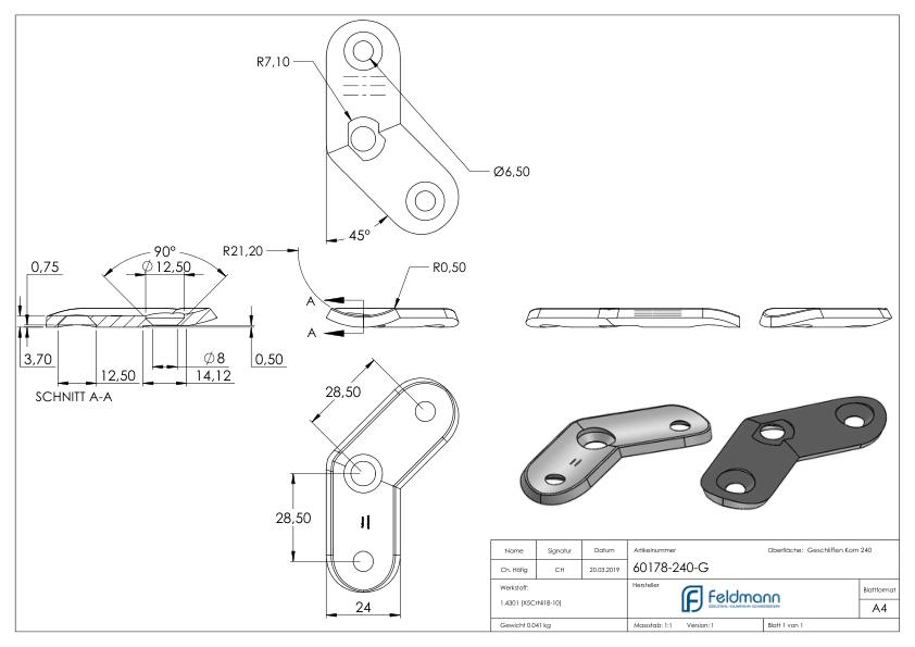 Handlaufanschlussplatte 135°, 42,4mm, Bohrungen gesenkt, V2A